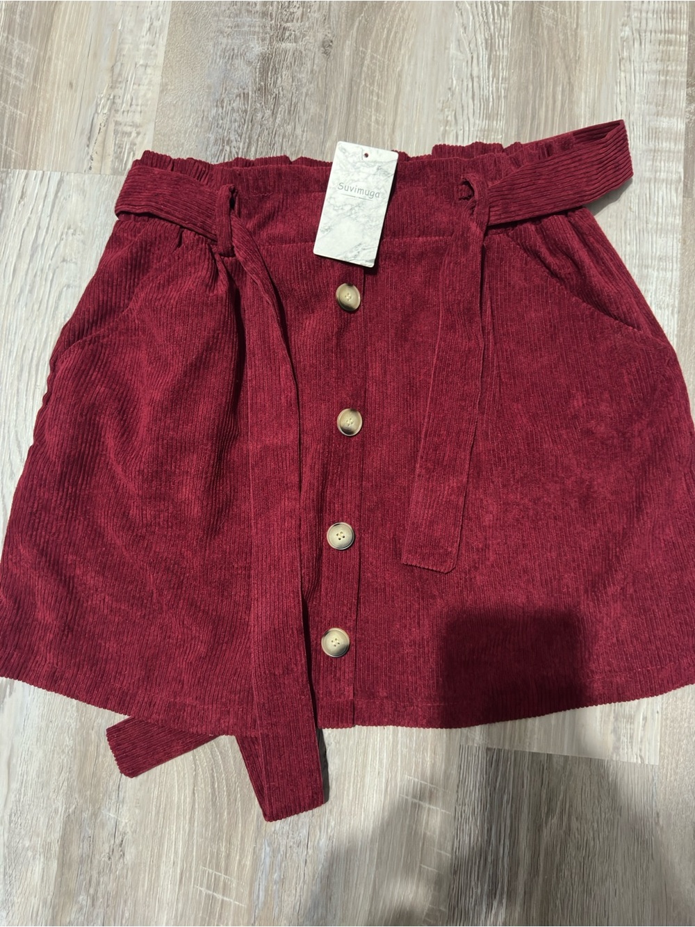 Women's burgundy  Corduroy Button-Front Skirt with Tie Waist